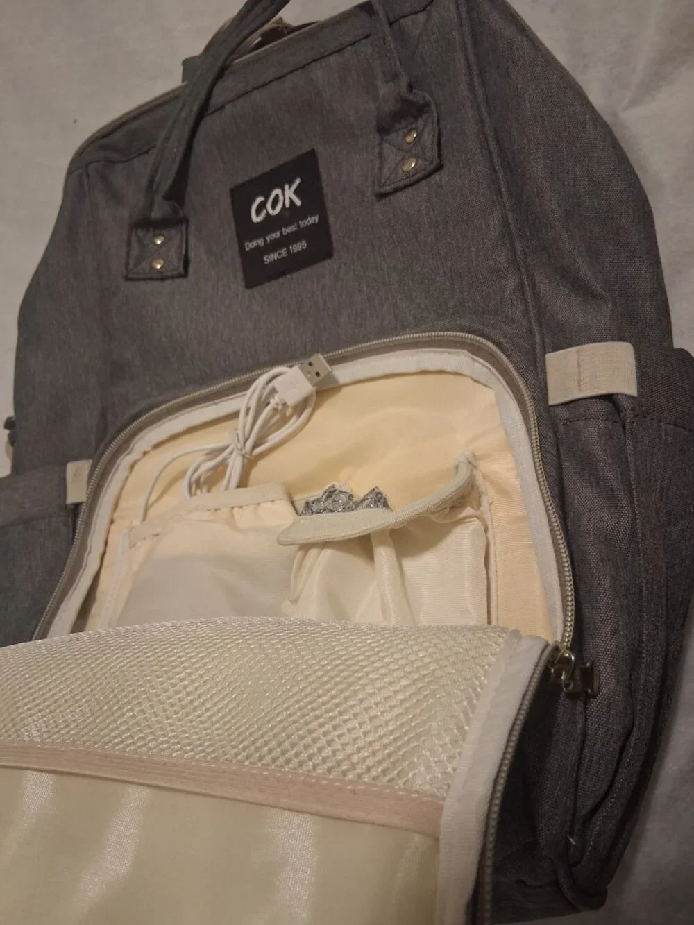 COK Backpack | Grey and Beige Fabric | With Charger